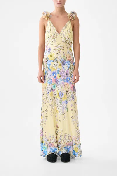 Camilla Embellished Floral Ruffled Silk Satin Maxi Dress In Yellow