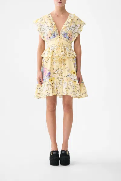 Camilla Floral-print Linen-voile Mini Dress In Yellow