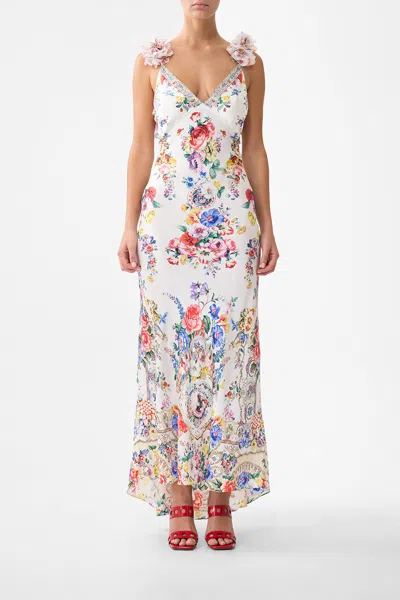 Camilla V Neck Bias Slip Dress With Back Frill In Multi