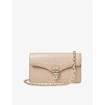 Aspinal Of London Mayfair Logo-lettering Patent-leather Clutch Bag In Taupe
