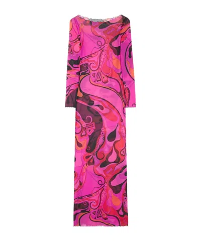 Pucci Orchidee-print Tulle Dress In Fuchsia Black In Multi