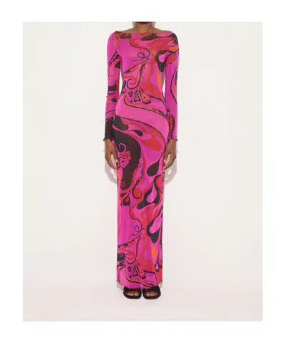 Pucci Orchidee-print Tulle Dress In Fuchsia Black In Multi