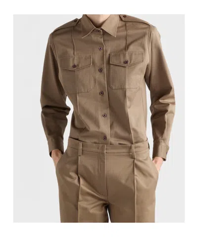 Prada Cotton Poplin Shirt Tailored Collar Button Epaulettes In Brown