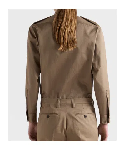 Prada Cotton Poplin Shirt Tailored Collar Button Epaulettes In Brown