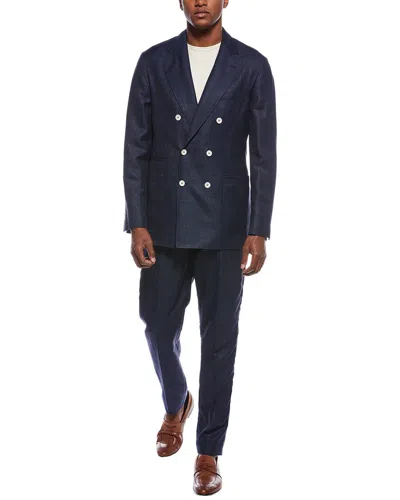 Brunello Cucinelli Houndstooth Patterned Wool Blend Suit With Double-breasted D In Blue
