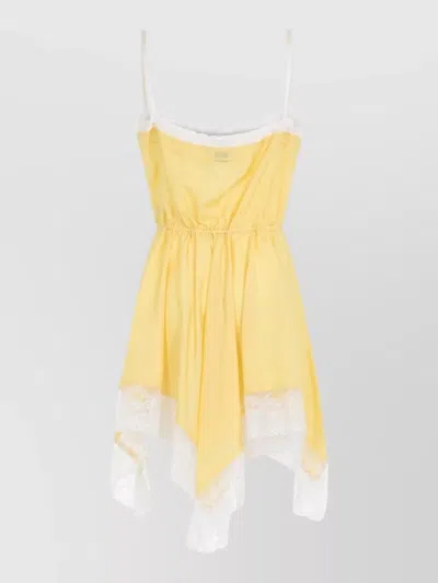 Saint Laurent Lace Mini Dress Asymmetrical Hem Bow Straps In Yellow