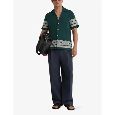 Reiss Mens Soft Sage Green Arden Embroidered-trim Cotton-blend Shirt