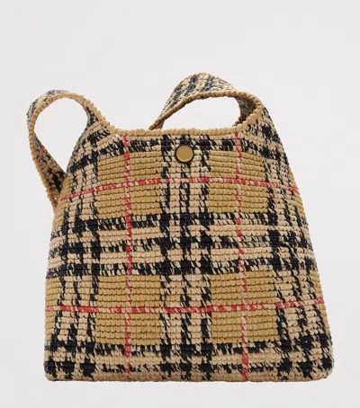 Burberry Womens Sand Small Margate Check Raffia Hobo Bag In Neutral