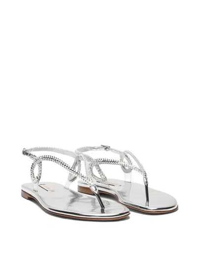 Casadei Silver Calf Leather Bos Taurus Flat Sandals In Gray