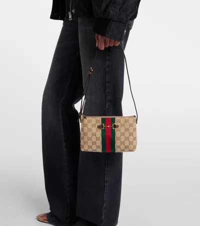 Gucci Small Horsebit Web-stripe Shoulder Bag In Neutral