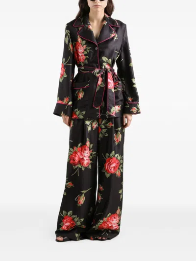 Dolce & Gabbana Rose Bouquet-print Silk Chiffon Neck-tie Blouse In Black