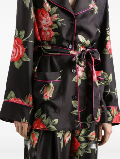 Dolce & Gabbana Rose Bouquet-print Silk Chiffon Neck-tie Blouse In Black