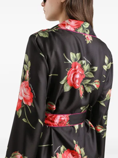 Dolce & Gabbana Rose Bouquet-print Silk Chiffon Neck-tie Blouse In Black