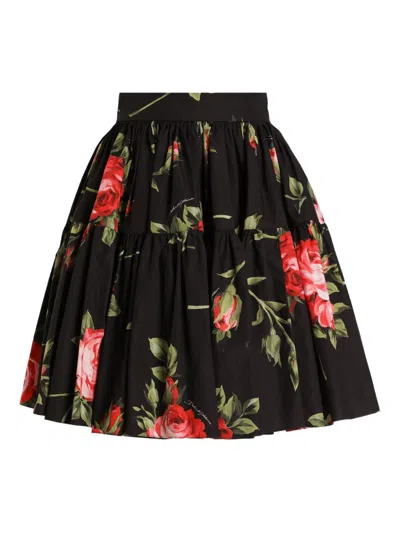 Dolce & Gabbana Mini Skirt With Rose Bouquet Print And Peplum Detail, Size 40 In Black