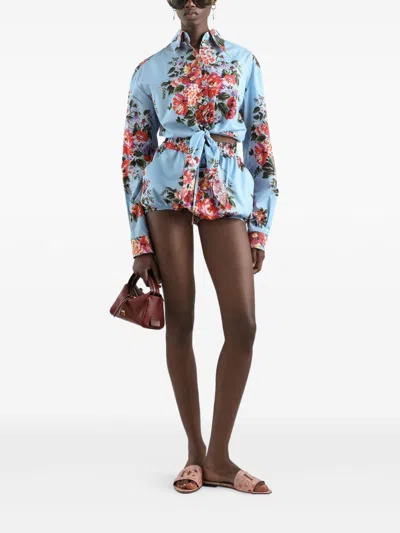 Dolce & Gabbana Floral Shirt Collared Neck Long Sleeves Tie Front In Blue