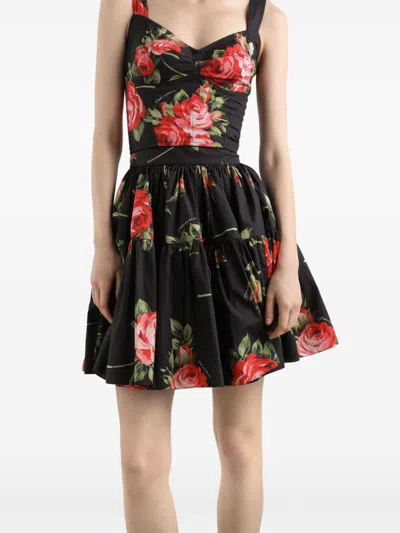Dolce & Gabbana Mini Skirt With Rose Bouquet Print And Peplum Detail, Size 40 In Black
