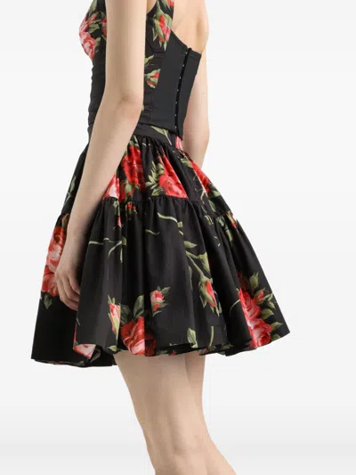 Dolce & Gabbana Mini Skirt With Rose Bouquet Print And Peplum Detail, Size 40 In Black