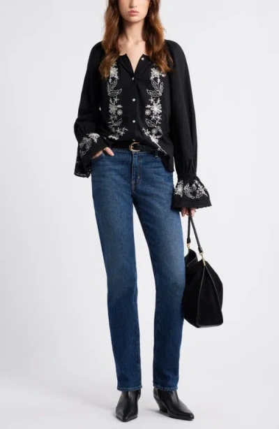 Treasure & Bond Embroidered Front Button Top In Black