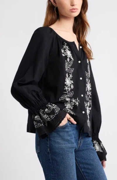 Treasure & Bond Embroidered Front Button Top In Black