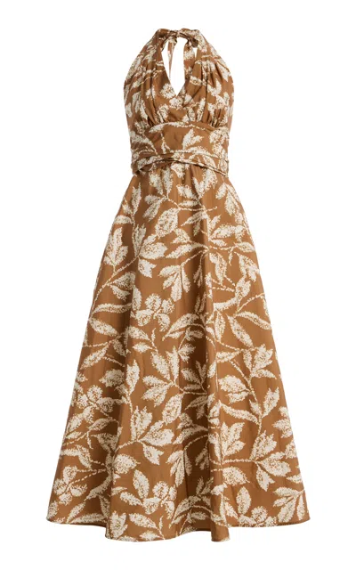 Max Mara Halterneck Printed Cotton Midi Dress In Brown