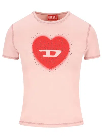 Diesel Women Pink Crew Neck T-shirt With Front Print And Beaded Details In Cotton Woman In Gold