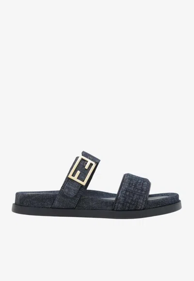 Fendi Double-band Embroidered Slides With Decorative Buckle In Multi