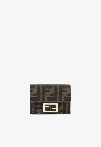 Fendi Micro Trifold Baguette Wallet In Ff Jacquard Fabric In Brown