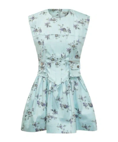 Ganni Printed Double Satin Corset Mini Dress Iced Aqua In Multi