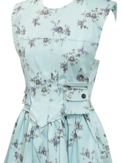 Ganni Printed Double Satin Corset Mini Dress Iced Aqua In Multi