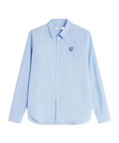 Maison Kitsuné Fox Head Embroidered Long Sleeved Shirt In Blue
