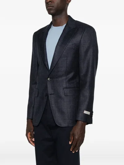 Canali Check-pattern Single-breasted Blazer In Blue