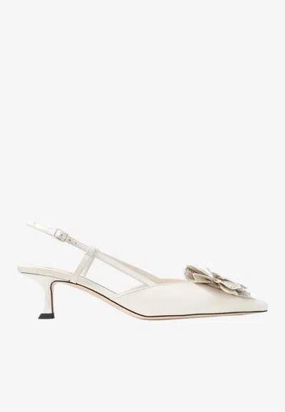 Jimmy Choo Latte Shiny Nappa Leather Slingbacks With Lace Corsage In White