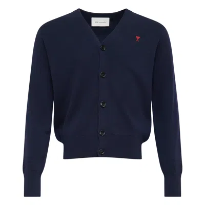 Ami Alexandre Mattiussi Ami Paris Men Blue Cardigan With V Neck And Adc Embroidery On The Front In Wool Blend Man