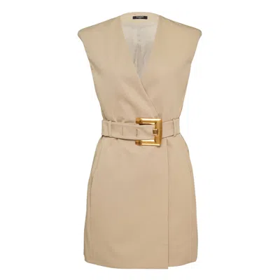 Balmain Wrap Cotton Gabardine Dress Belt Detail In Neutral
