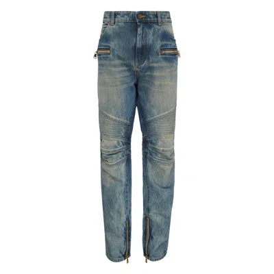 Balmain Regular Biker Denim Pants In Blue