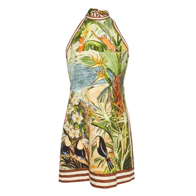 Alemais Toucan Tango Halterneck Printed Organic Cotton Mini Dress In Green