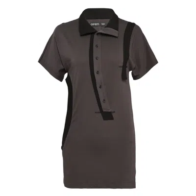 Open Yy Curved Button-panel Polo Top In Brown