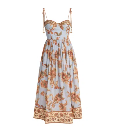 Zimmermann Womens Blue Jacobean Aster Corseted Printed Cotton Midi Dress In Multi