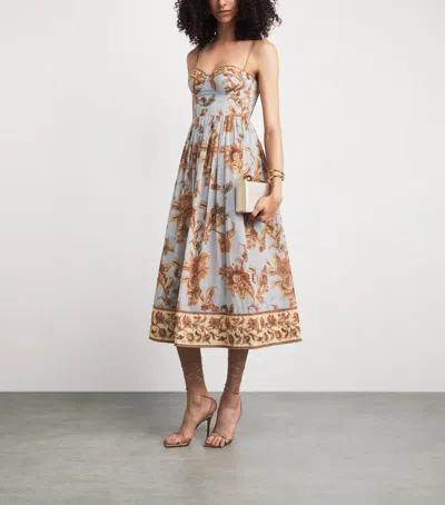 Zimmermann Womens Blue Jacobean Aster Corseted Printed Cotton Midi Dress In Multi