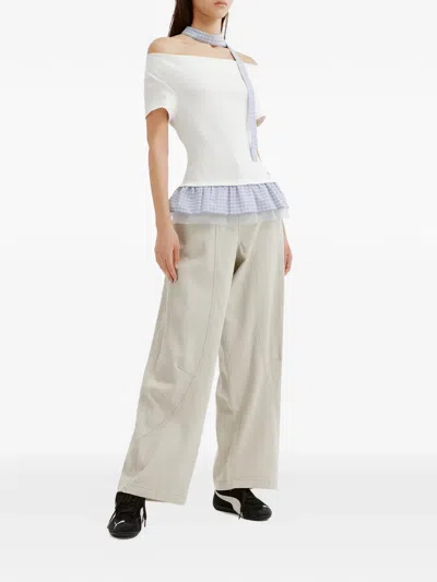 Mini Cream Gingham-check Ruffled Blouse In Blue