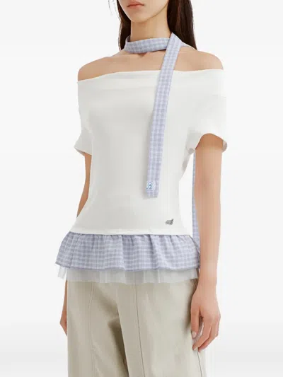 Mini Cream Gingham-check Ruffled Blouse In Blue