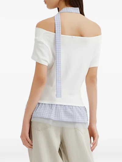 Mini Cream Gingham-check Ruffled Blouse In Blue
