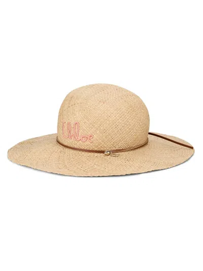Chloé Logo-embroidered Straw Hat In Brown