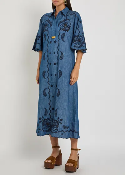 Zimmermann Womens Railway Blue Aster Embroidered Denim Midi Dress Xxs In Blue