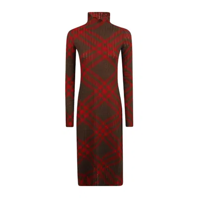 Burberry Long Sleeve Checkered Wool Blend Shift Dress In Burgundy