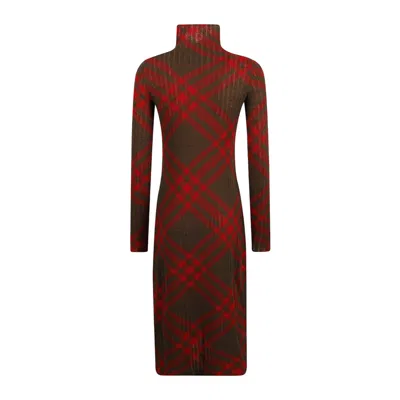 Burberry Long Sleeve Checkered Wool Blend Shift Dress In Burgundy