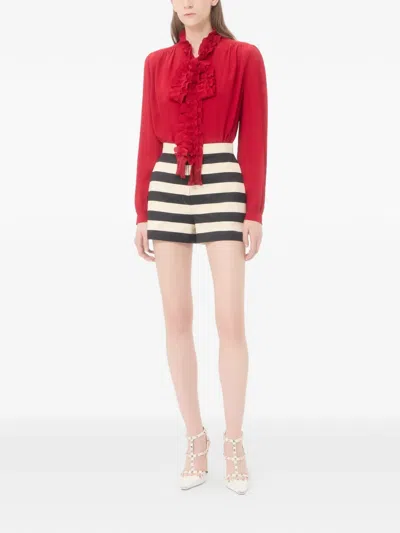 Valentino Cotton Satin Shorts With Maxi Barré Stripe Woman Black/vanilla 44 In Multi