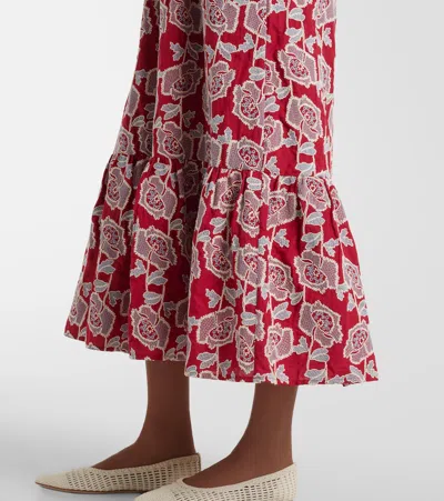 Erdem Floral Embroidered Tiered Cotton Blend Midi Sundress In Red