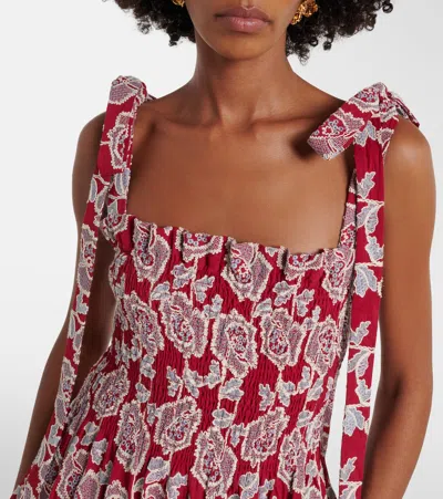 Erdem Floral Embroidered Tiered Cotton Blend Midi Sundress In Red