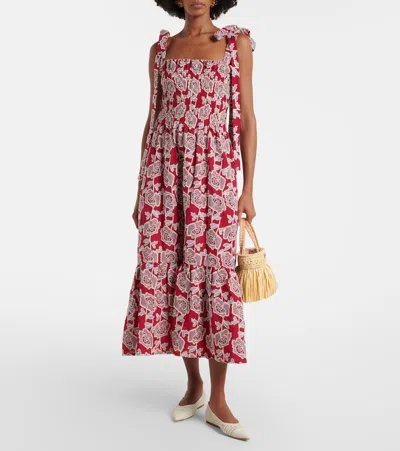 Erdem Floral Embroidered Tiered Cotton Blend Midi Sundress In Red